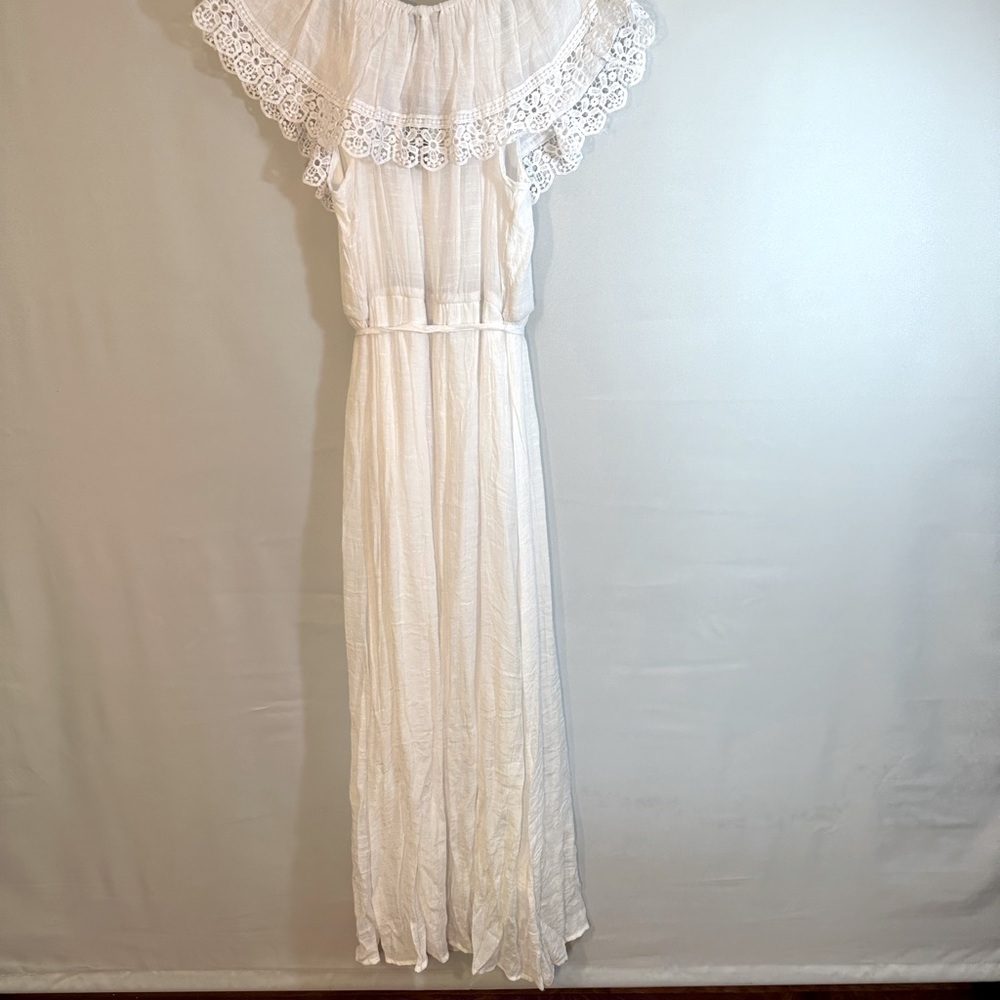 Mille Gabrielle Off The Shoulder Lace Trim Maxi White Dress Belt Lined Size L - Picture 2 of 13